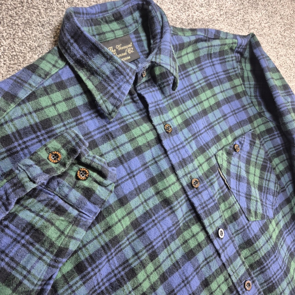 The Vermont Flannel Co Shirt Mens Medium Blue‎ Green Plaid Button Down USA Made
